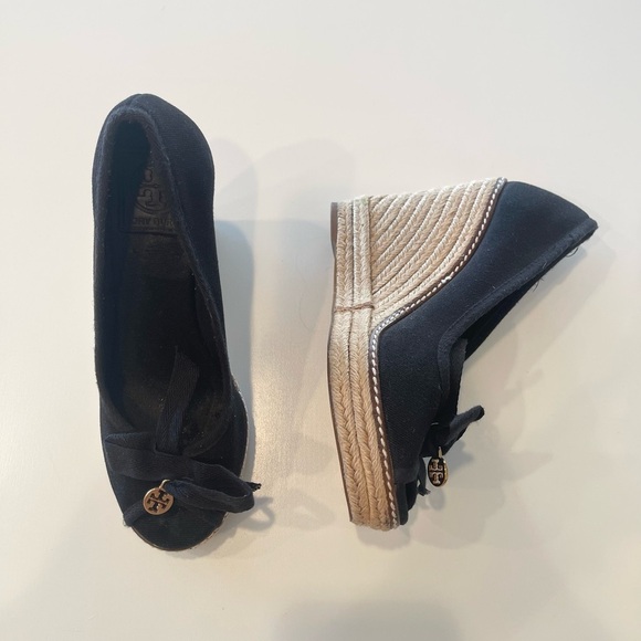 Tory Burch Black Wedge Espadrille High Heel Shoes Jute Women Sz 7.5 Platform